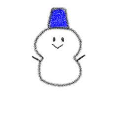 Cute snowman with blue bucket hat drawn with crayon, hand drawn childlike illustration