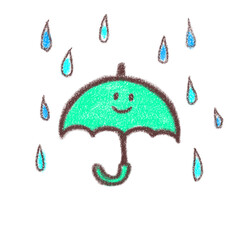 Cute smiling umbrella with raindrops drawn with crayon, hand drawn childlike illustration