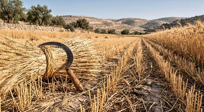 Curved iron sickle with wooden handle resting on a bound golden wheat sheaf in a harvested stubble field. Ancient biblical farming landscape with rolling hills and stone walls in background