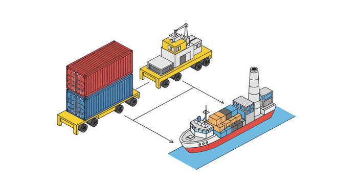 Colorful isometric illustration of shipping logistics and cargo transport.