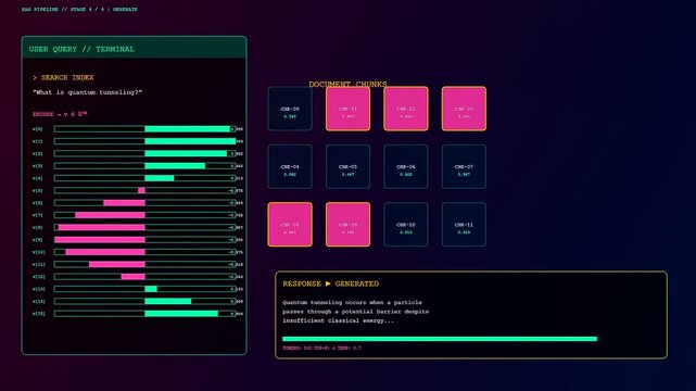 A digital screen visualization of vector embedding data processes shifting through multiple stages of complex information architecture displayed on a dark glowing interface monitor console
