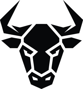 Geometric bull head logo vector, modern sharp horned taurus mascot icon, bull market financial decal design