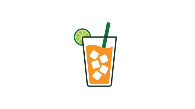 Refreshing orange juice with ice cubes and lime slice in a tall glass with a green straw