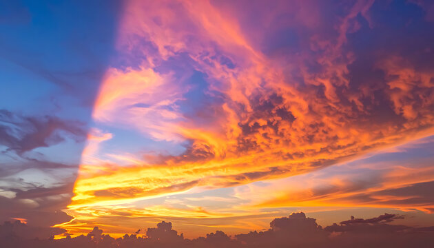 vibrant sunset sky with fiery orange clouds and crepuscular rays piercing the blue atmosphere, dramatic natural phenomenon