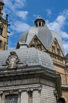 Roman Catholic Aachen Cathedral (Aachener Dom) is one of the oldest cathedrals in Europe (from 796), main Aachen's landmark and a cultural heritage. Aachen, Germany.