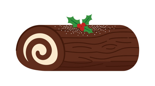 Christmas Yule Log Cake Decorated with Holly Berries and Powdered Sugar Isolated on White Background
