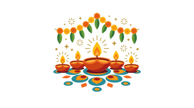 Diwali diya lamps and floral garland decoration with rangoli pattern and festive lights