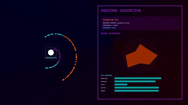 Three screen displays show a glowing vector embedding process with evolving radar signature charts and fluctuating numerical data points set against a deep dark purple void