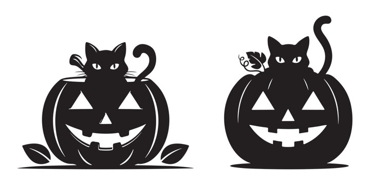 Black silhouette cats sitting inside carved halloween pumpkin lanterns for autumn holiday Vector