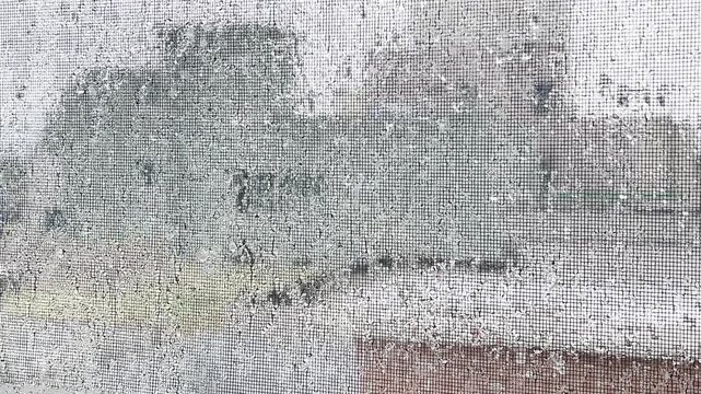 A close-up view of heavy rain splashing against a window screen as water droplets accumulate and slowly stream down the wire mesh.