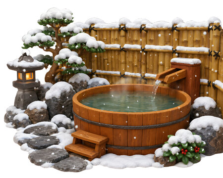 Japanese Private Open Air Onsen Bamboo Fence Low Angle 3D Clay Render Illustration