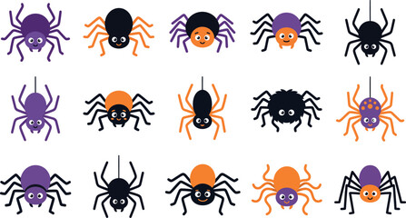 Fototapeta premium Colorful cartoon spiders collection for halloween decorations and spooky season designs