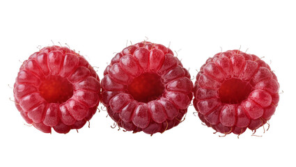 Isolated three fresh ripe red raspberries, sweet delicious summer berries on display. © Ciara