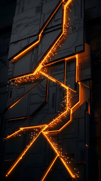 Abstract futuristic dark metallic panels with glowing orange energy circuit lines and sparkles