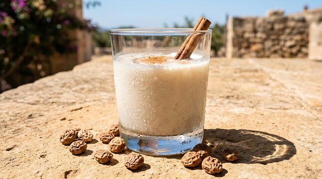 Traditional Spanish horchata de chufa drink in a glass with cinnamon and tiger nuts on stone