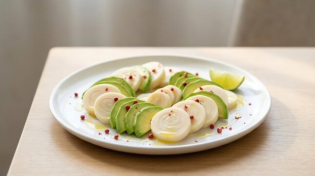 Fresh salad of sliced hearts of palm and avocado arranged on a white plate with pink peppercorns and a lime wedge