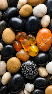 Polished Multicolored River Stones and Decorative Pebbles Arranged in a Detailed Natural Texture Background