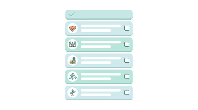 Checklist with icons for health education finance growth and environment