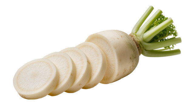 Isolated fresh whole daikon radish vegetable with green leaves and perfectly sliced portions