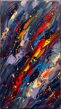 Vibrant abstract oil painting background with colorful impasto brushstrokes and dynamic splatters