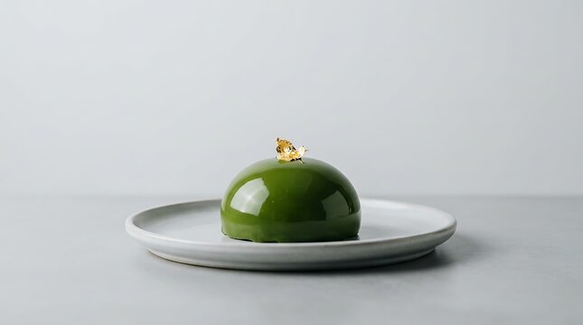 Elegant green glazed dome mousse cake decorated with gold leaf on a gray plate against a minimalist background