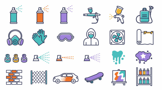 Colorful flat icons of tools and equipment for various industries.