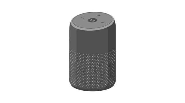 Modern cylindrical smart speaker with touch controls and perforated speaker grille isolated on white background