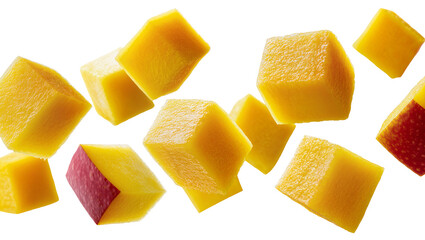 Obraz premium Isolated scattered fresh mango pieces, vibrant yellow fruit cubes for healthy eating.