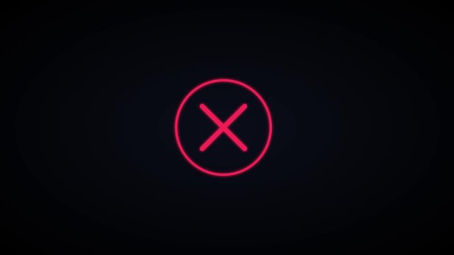 Red neon x mark sign animation, glowing cross symbol for error or rejection concept 4k