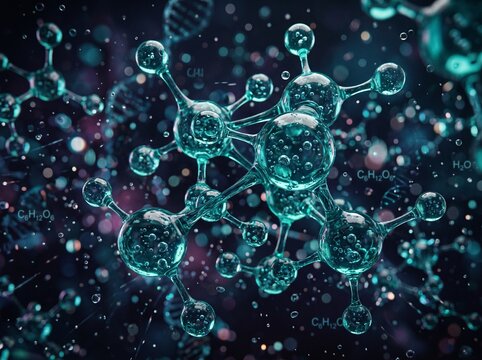 Molecular structure of atoms and chemical bonds with transparent glass-like spheres and chemical formulas, scientific illustration on dark background with bokeh lights.