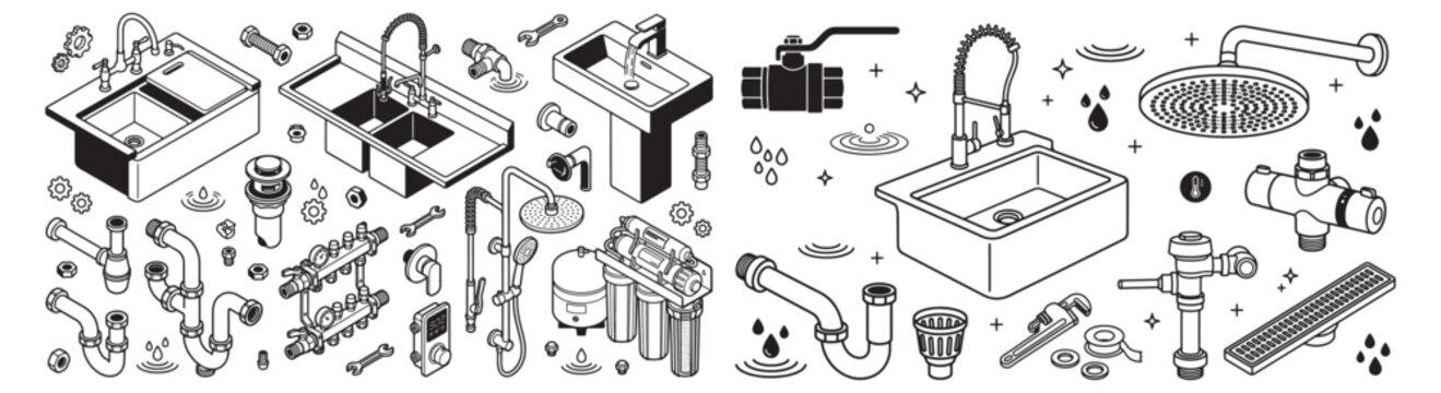 Plumbing Fixtures And Pipes Illustration Set With Sinks, Faucets, Valves And Drain Components