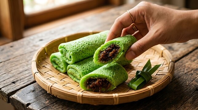 A hand picking up dadar gulung, a traditional Indonesian green pandan crepe filled with sweet grated coconut, served on a bamboo platter.
