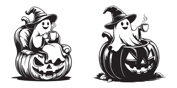 Cute ghost wearing a witch hat drinking coffee and sitting inside a scary pumpkin Vector