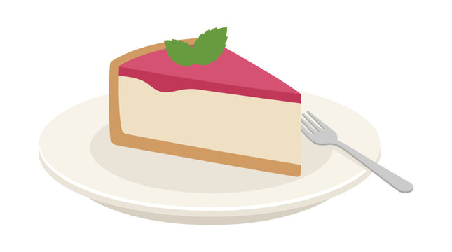A slice of cheesecake with raspberry topping and mint leaf on a white plate with a fork