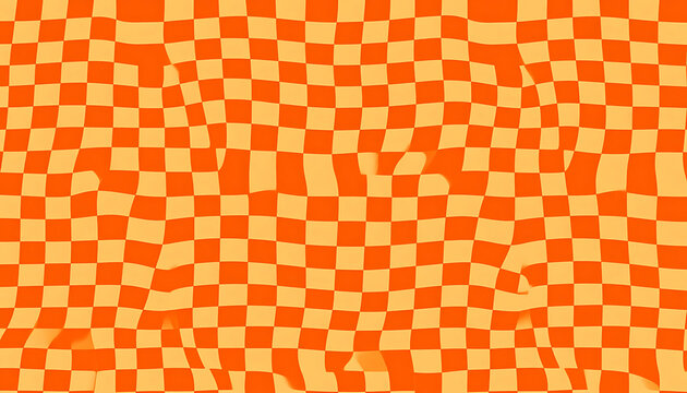 Warped orange and beige checkered pattern texture, distorted squares creating a wavy optical illusion effect
