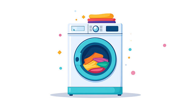Washing machine with colorful clothes inside and on top, domestic appliance for laundry, domestic chores