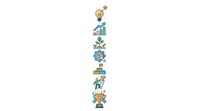 Business growth and success icons showing idea generation, progress, development, strategy, achievement, and victory