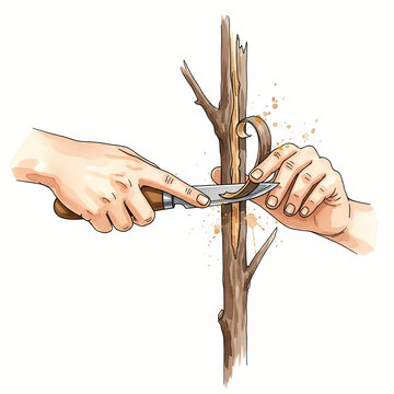 Close up of hands whittling a wooden branch with a knife