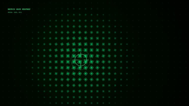A digital eye gaze interface displays glowing green geometric shapes that shift across a dark panel during a scan of spatial movement and optical tracking data points