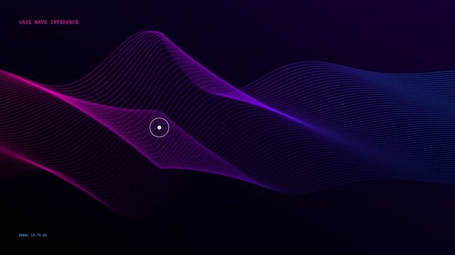 A fluid eye gaze interface manifests as undulating wave patterns composed of vibrant magenta and deep blue lines shifting across a dark digital space