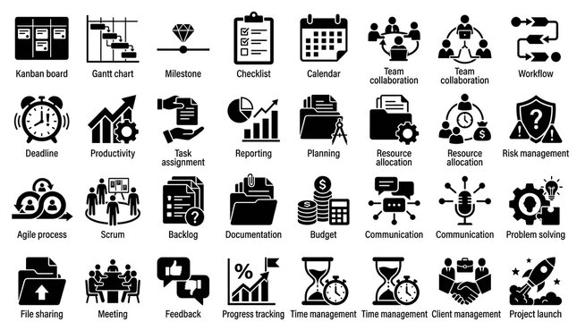 Icons depicting various administrative tasks and project management processes are arranged in a clean, black and white layout.