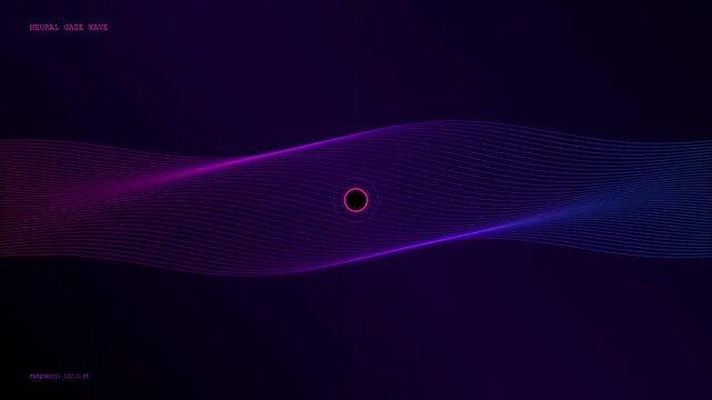 A fluid purple and blue glowing waveform motion graphic showing an eye gaze interface which tracks subtle ocular movements across a dark smooth digital synth space