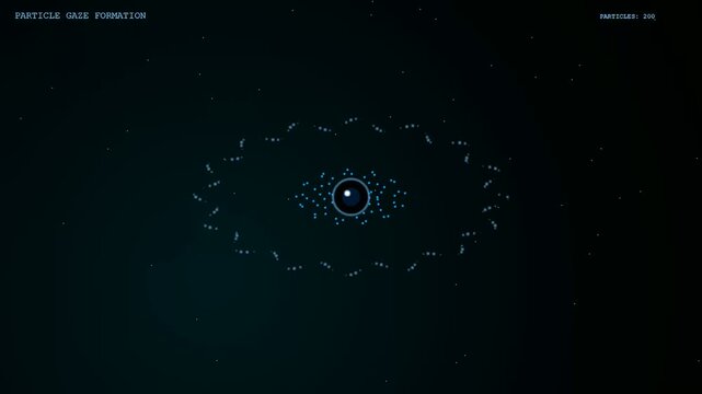 A digital eye gaze interface simulation featuring animated circular particle formations moving rhythmically against a dark void for advanced user experience testing and software visual design