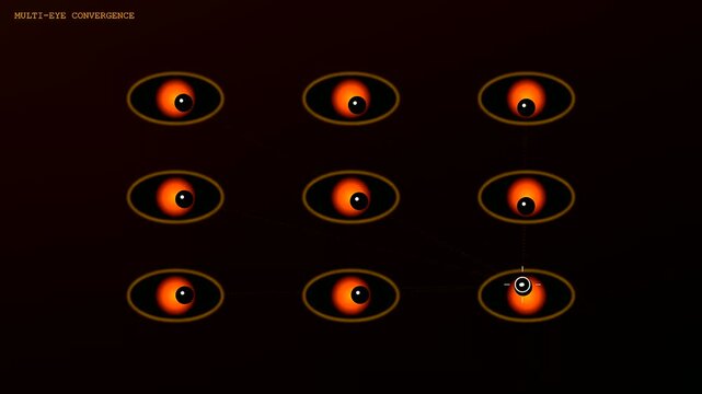 A digital eye gaze interface displays multiple glowing orange orbs as a cursor navigates through a grid of blinking graphic icons on a dark screen