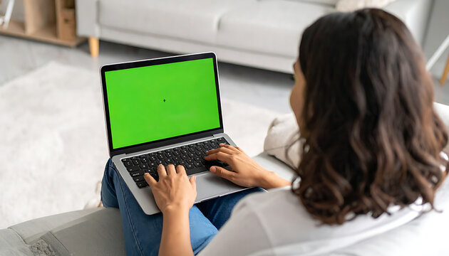 Woman typing on laptop with green screen, remote work or online learning concept, relaxed home setting