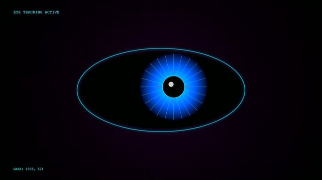 Digital eye gaze interface monitoring vision patterns showing blue glowing iris movement captured within a dark virtual display tracking system for advanced biometric analysis sequences