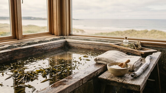 A serene spa tub filled with warm water and fresh seaweed strands, with a folded linen towel, sea salt bowl, and a wooden bath tray beside driftwood; soft window light, coastal calm, natural skin