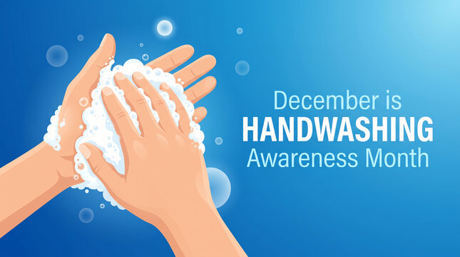 Handwashing awareness month, soap hands on blue background