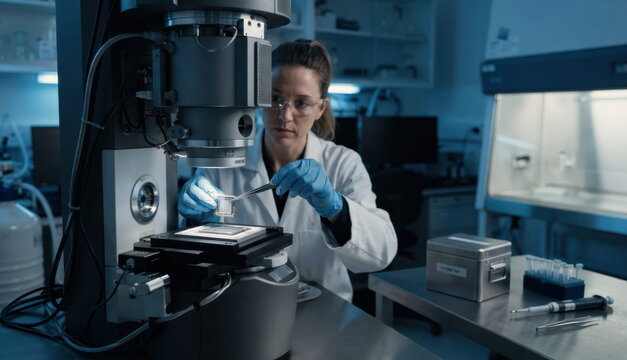 Gloved researcher loading frozen sample grid into cryo electron microscope beside biosafety hood for molecular structure research