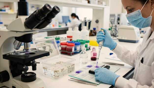 Scientist preparing stained blood smears beside a microscope, mosquito rearing tray, and specimen cups in a parasitology lab.